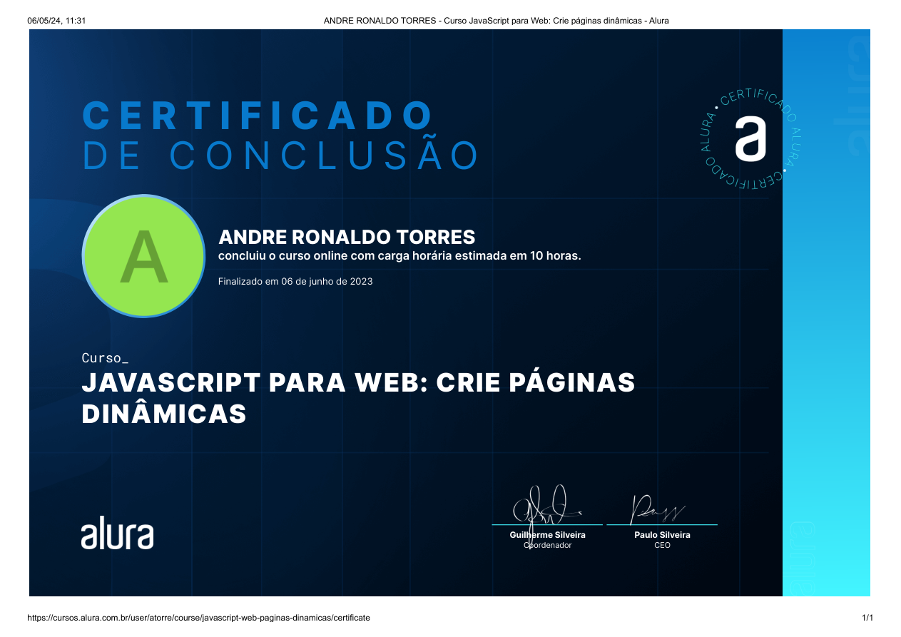 Certificado JavaScript para Web: Páginas Dinâmicas