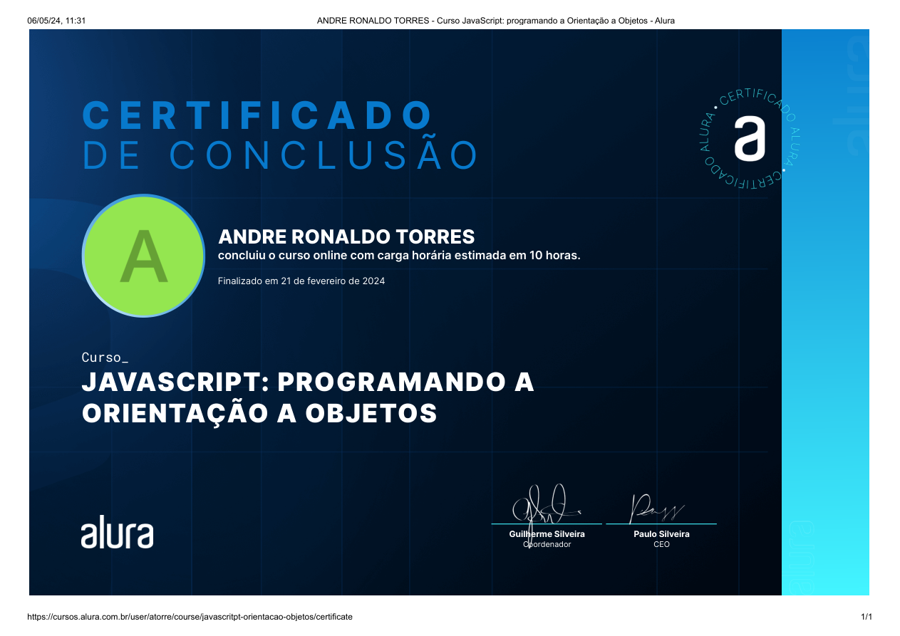 Certificado JavaScript: Orientação a Objetos