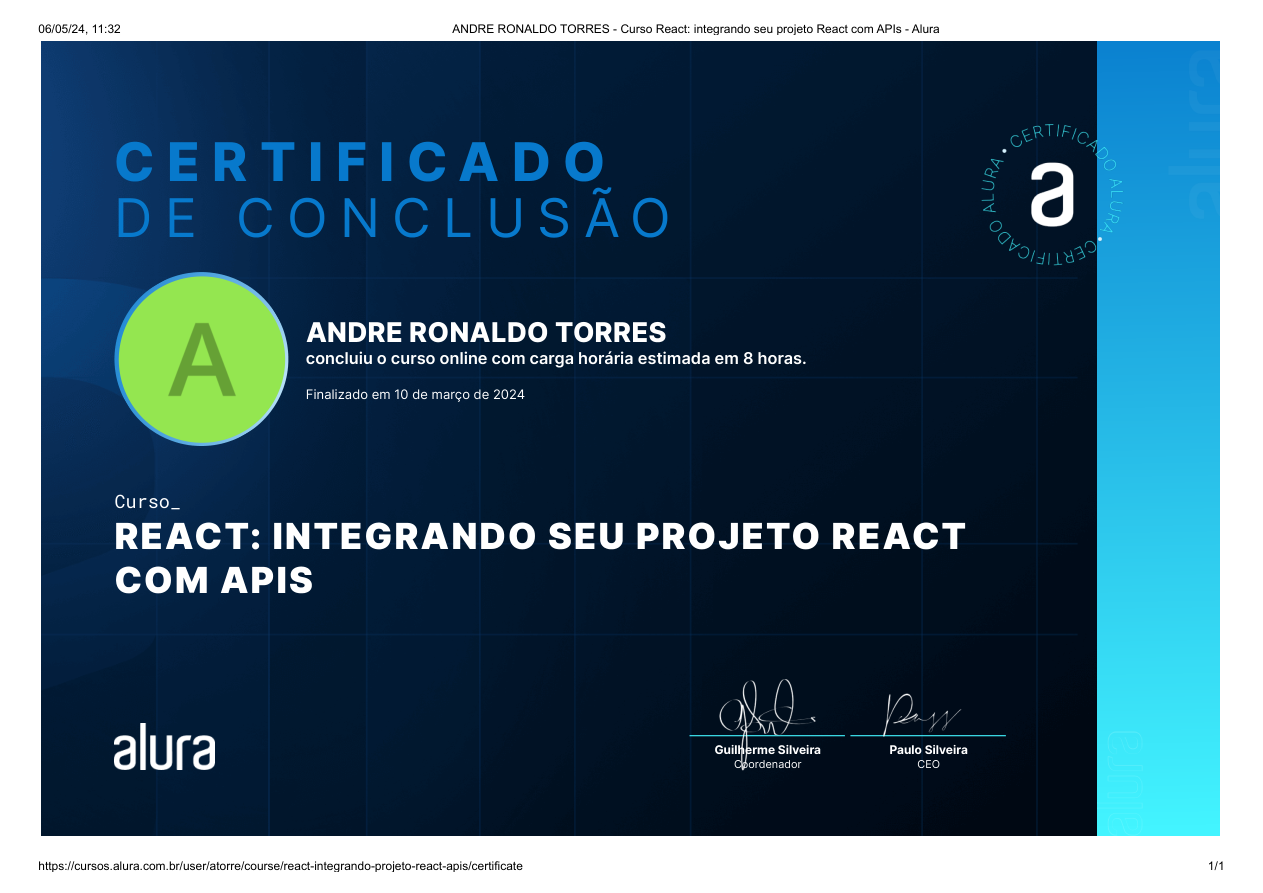 Certificado React: Integrando Projeto com APIs