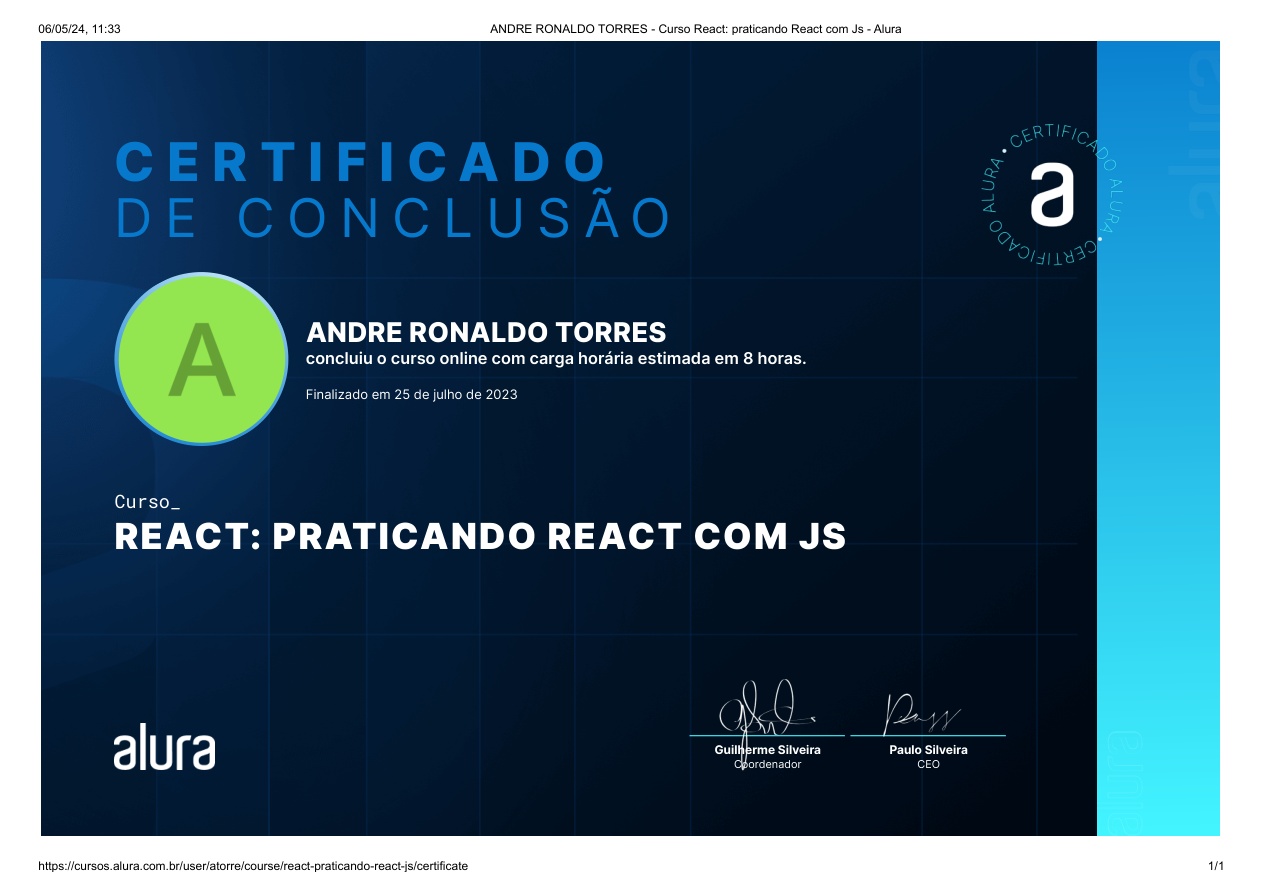 Certificado React: Praticando React com JS