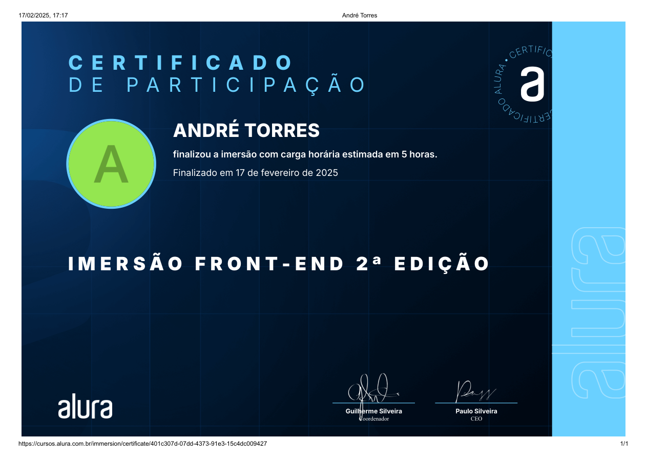 Certificado Imersão Front-End 2ª Edição